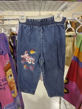 Vintage Kids' Elastic-Waist Blue Denim Jeans with Puppy Image
